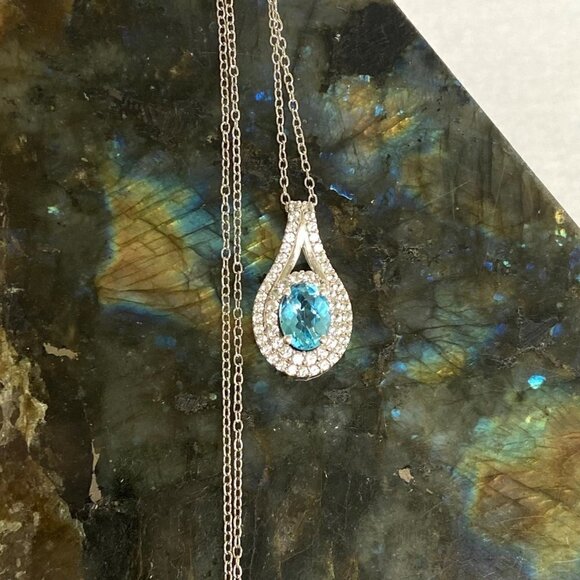Sterling Silver 925 P☆M Oval Blue Topaz White Topaz Double Halo Pendant Necklace - Picture 3 of 16